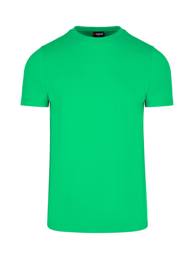 A bright green men's slim fit T-shirt with short sleeves and a minimalistic design. It features a logo on the label.