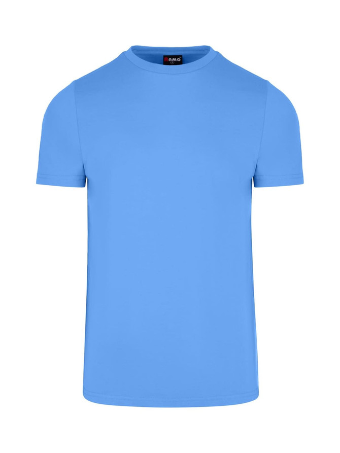 A blue men's slim fit T-shirt featuring a crew neck and short sleeves, with a logo on the collar.