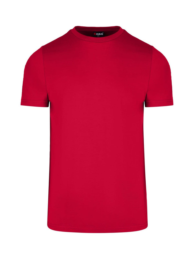A red men's slim fit T-shirt featuring a crew neck and short sleeves. It includes a logo on the tag.