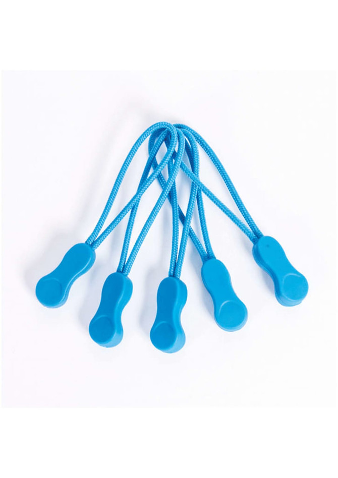 Five blue Zippies with loops, designed for attaching or securing various items. They feature a smooth, rounded shape.