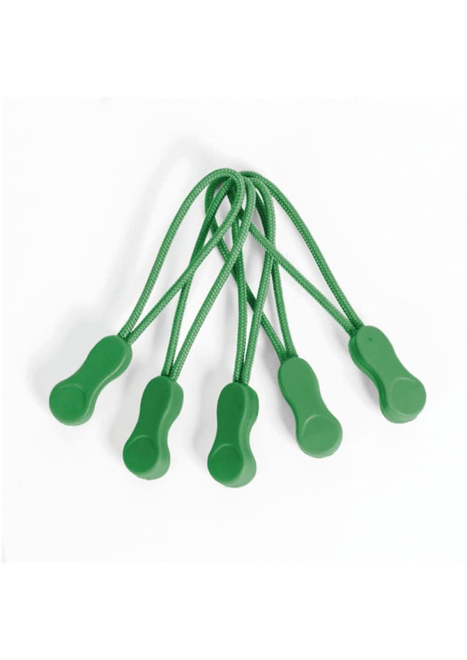 A set of five green Zippies with rubber grips and expandable cords for securing items together.
