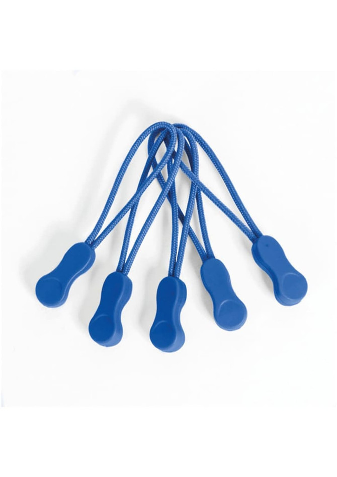 Five blue Zippies clothing accessory clips with elastic loops. Each clip features a smooth, rounded shape.