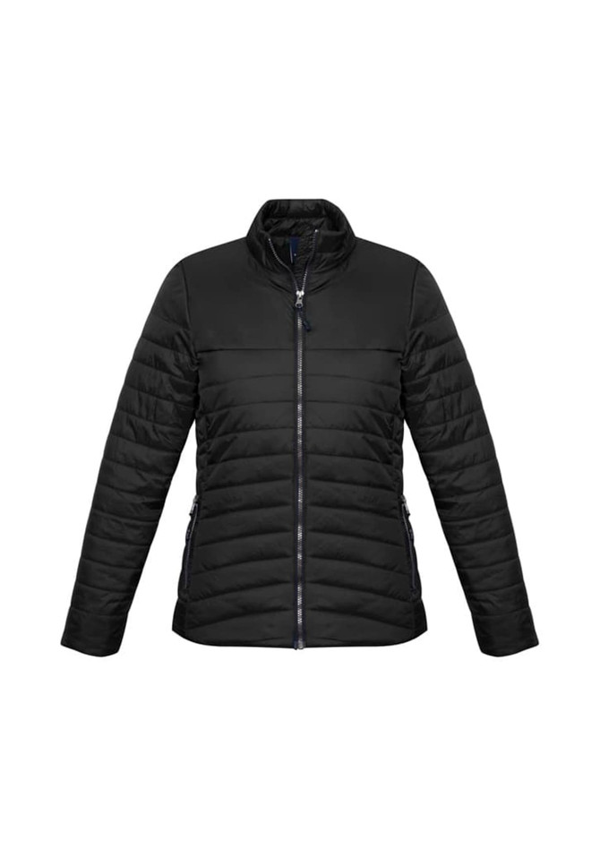 A black women's puffer jacket with a zip front and ribbed collar, featuring side pockets and a logo.