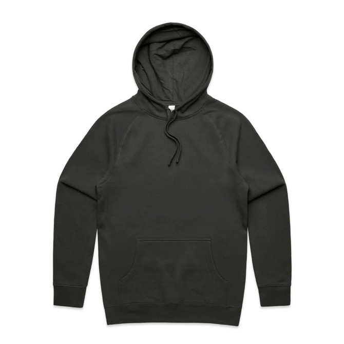 A dark green hoodie with a front pocket and a drawstring hood, featuring a logo on the label.