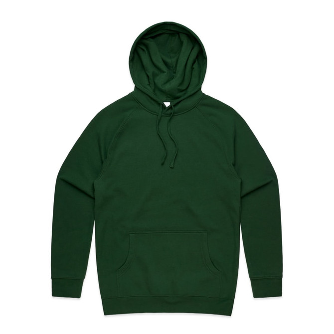 A green hoodie featuring a kangaroo pocket and an adjustable hood. The garment has a branding logo.
