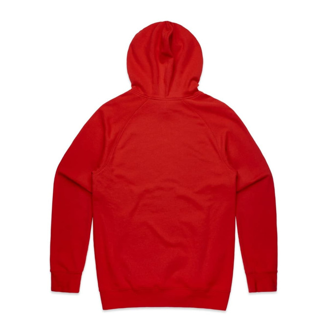 A red hoodie with a hood and long sleeves, featuring raglan sleeves and a seamless back design.