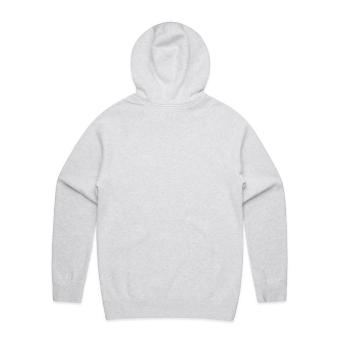 A grey hoodie with a snug hood and long sleeves, featuring a branding logo.