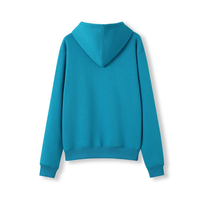 A turquoise women's juniors kangaroo pocket hoodie with a hood and long sleeves, featuring a simple design.