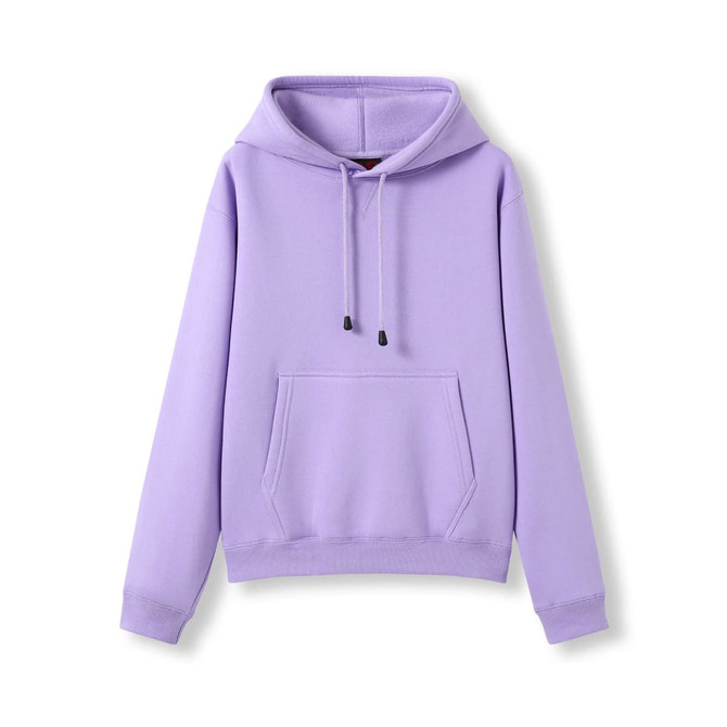 A purple women’s hoodie featuring a kangaroo pocket and a drawstring hood. The hoodie includes a branding logo.
