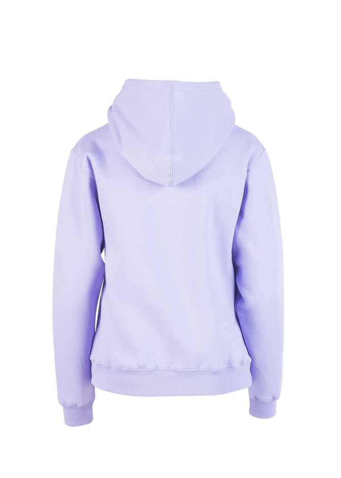 A lilac hoodie with a kangaroo pocket and a hood, featuring a smooth finish. It has a logo on the back.