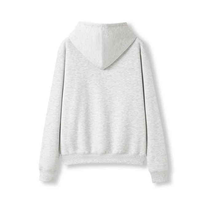A grey women's/juniors hoodie featuring a kangaroo pocket and a hood, with a plain back view.