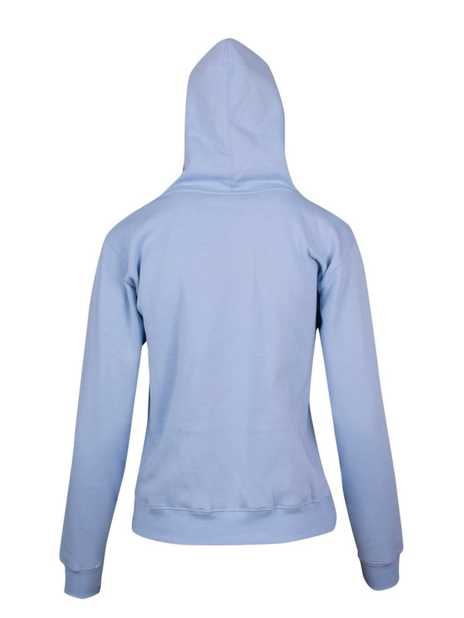 A light blue women's kangaroo pocket hoodie with a fitted design and a hood at the back.