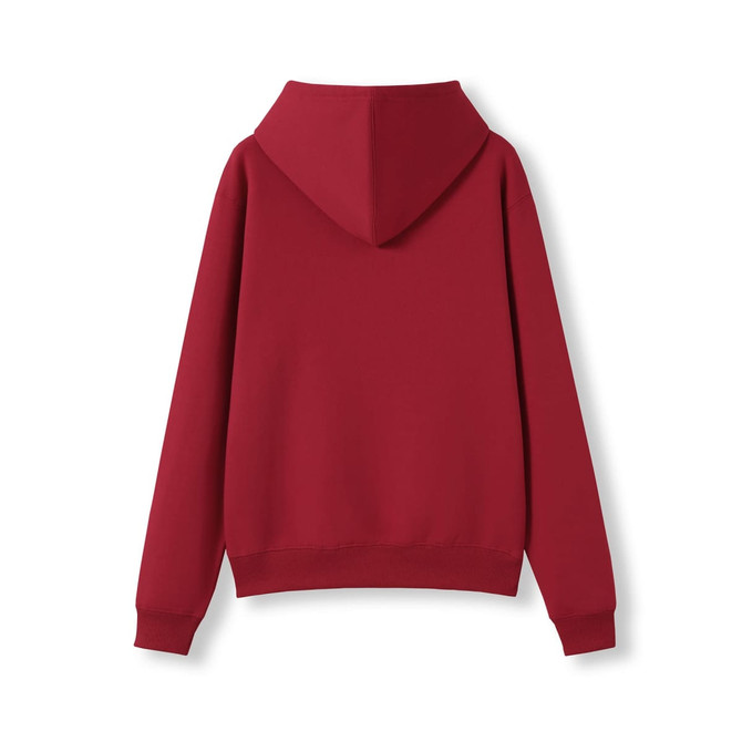 A red hoodie with a kangaroo pocket and a hood, featuring long sleeves and a simple design.