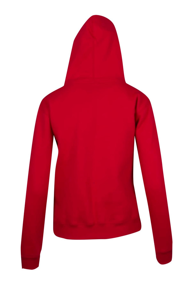 A red hoodie with a kangaroo pocket and a hood, featuring long sleeves and a simple design.