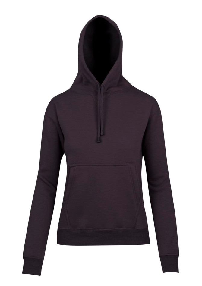 A women's juniors kangaroo pocket hoodie in black, featuring a drawstring hood and a front pocket.