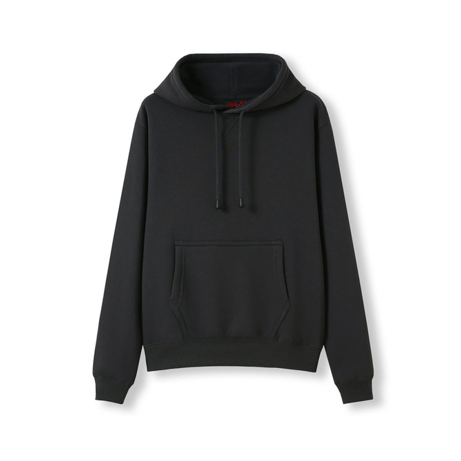 A women's juniors kangaroo pocket hoodie in black, featuring a drawstring hood and a front pocket.