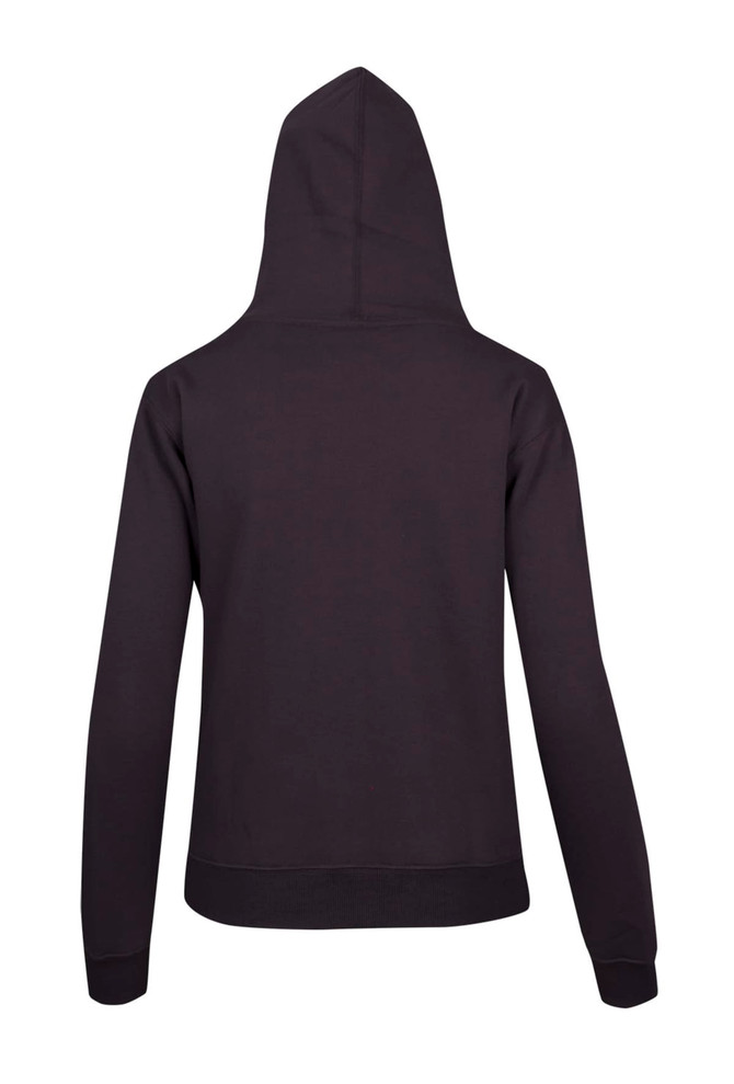 A black women's juniors kangaroo pocket hoodie featuring a hood and long sleeves. It has a logo on the back.