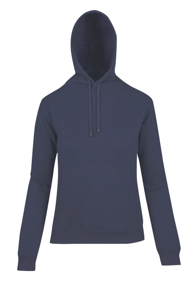 A navy blue women's juniors kangaroo pocket hoodie with a hood and drawstrings, featuring a logo.