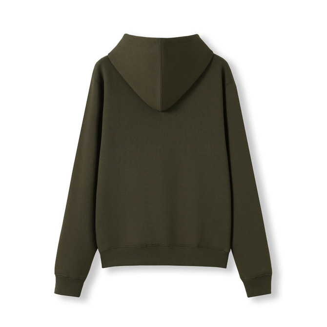 A women's junior kangaroo pocket hoodie in olive green, featuring a hood and long sleeves, with a logo present.