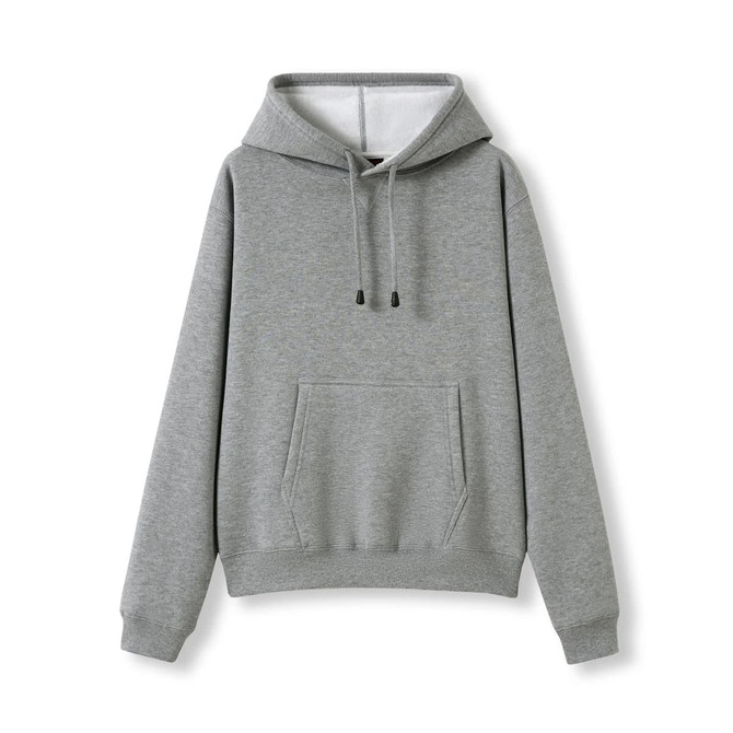A grey women's juniors hoodie with a kangaroo pocket and a drawstring hood, featuring a logo.