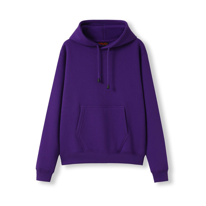 A purple women's juniors hoodie featuring a kangaroo pocket and a hood, with an accompanying logo.