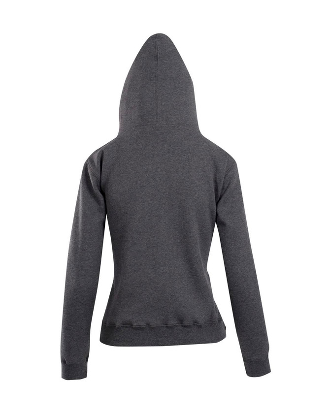 A grey women's juniors kangaroo pocket hoodie featuring a hood and long sleeves, shown from the back.