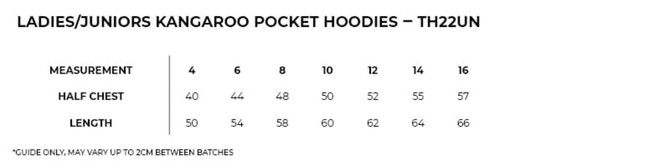A table displaying measurements for women's and juniors' kangaroo pocket hoodies, including sizes and dimensions.