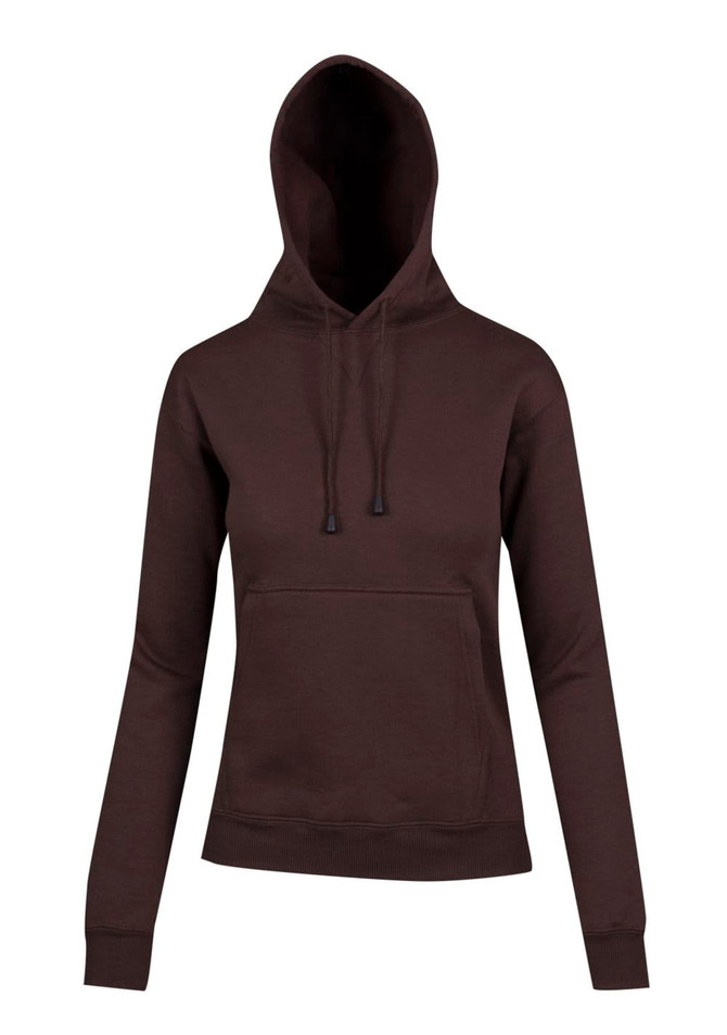 A brown women's/juniors hoodie with a kangaroo pocket and a drawstring hood, featuring a logo.