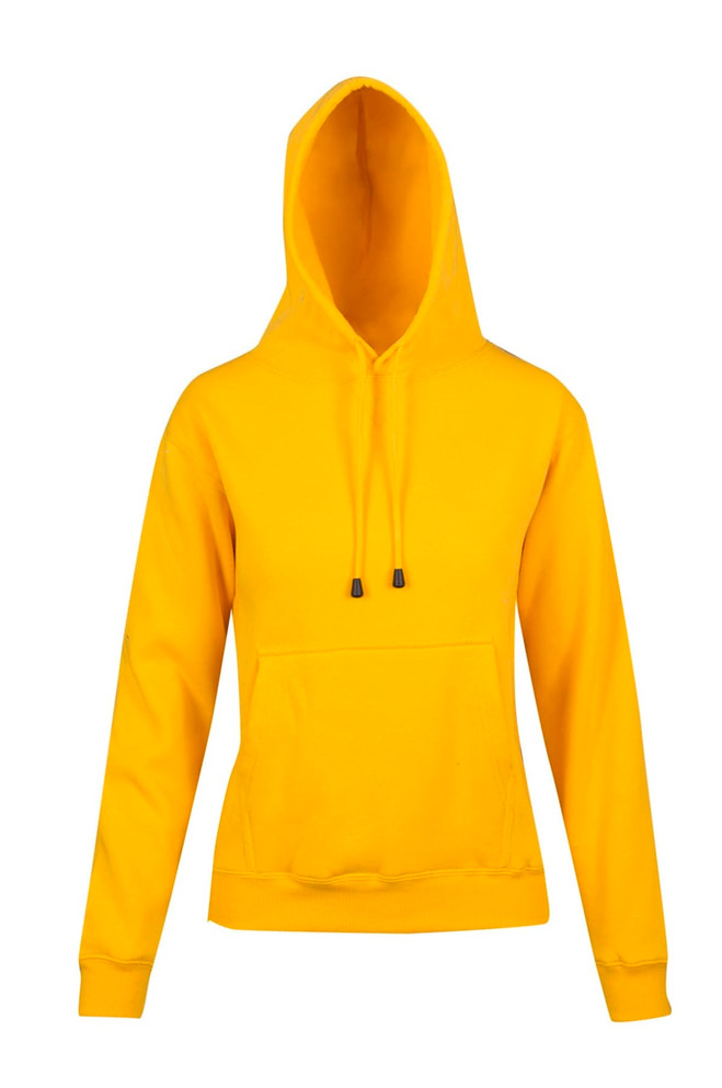 A yellow women's junior kangaroo pocket hoodie with a drawstring hood and a front pocket.