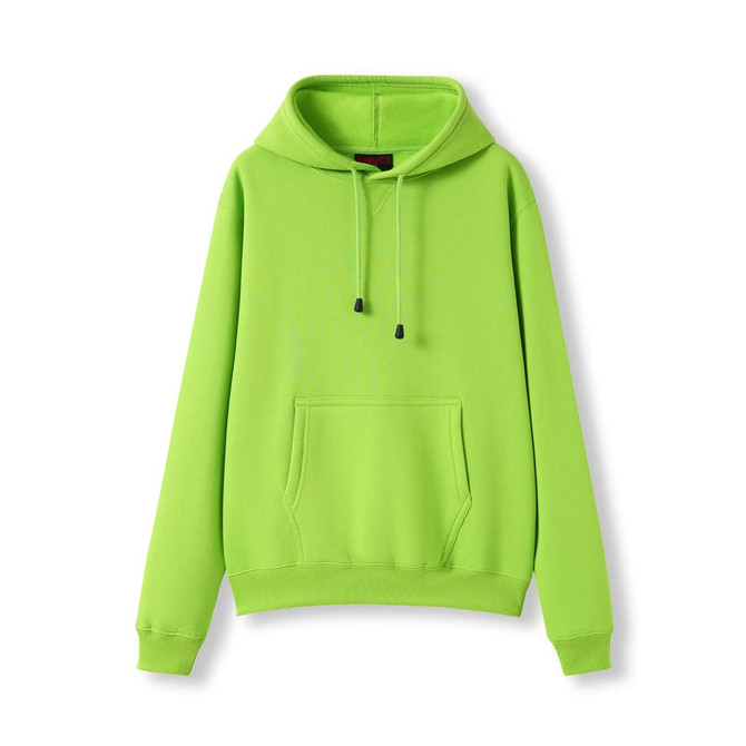 A bright green women's/juniors kangaroo pocket hoodie with a drawstring hood and a front pouch pocket.
