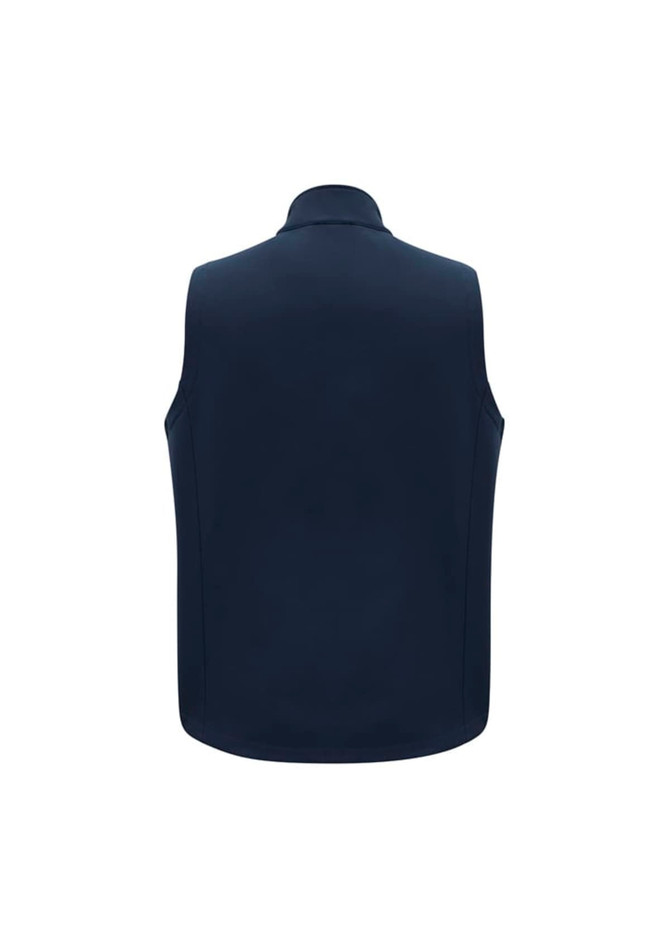 A navy men's vest with a high collar and no sleeves, featuring a logo on the back.