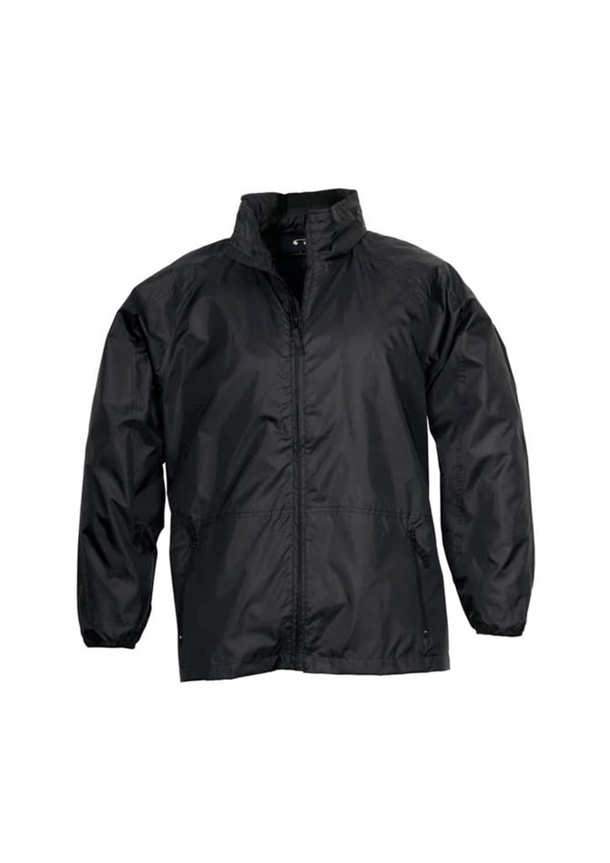 A black unisex rain jacket with a zip front and elastic cuffs. The jacket features a branding logo.