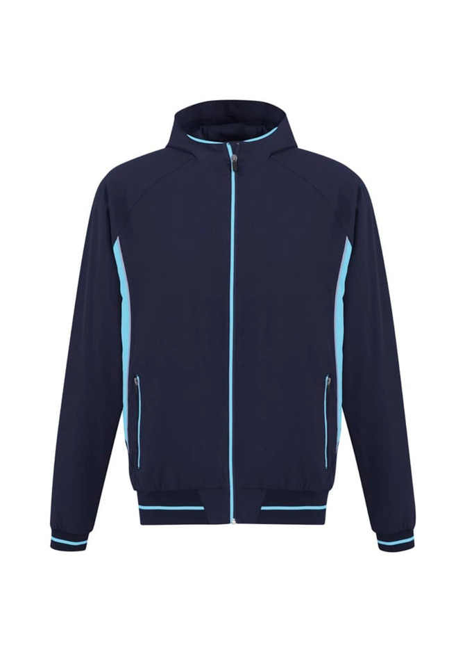 A soft shell jacket in navy blue with light blue accents and a zip-up front, featuring pockets and a logo.
