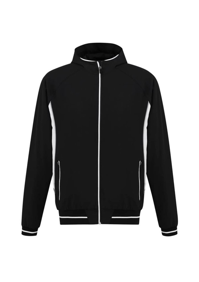 A black soft shell jacket with white accents and a logo on the chest. Features a zip front and side pockets.