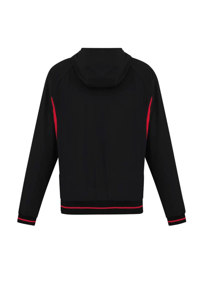 A soft shell jacket in black with red accents, featuring a hood and a logo on the upper back.