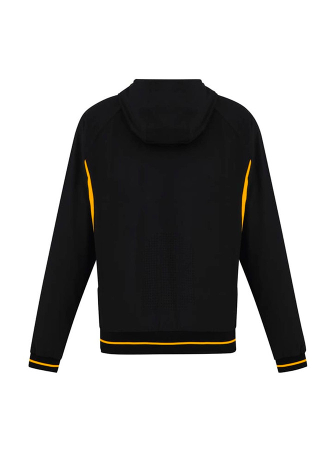 A black soft shell jacket with yellow accents, featuring a hood and a logo on the back.
