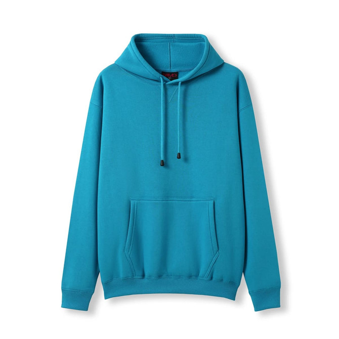 A teal men's hoodie featuring a kangaroo pocket and drawstring hood. It has a logo on the front.