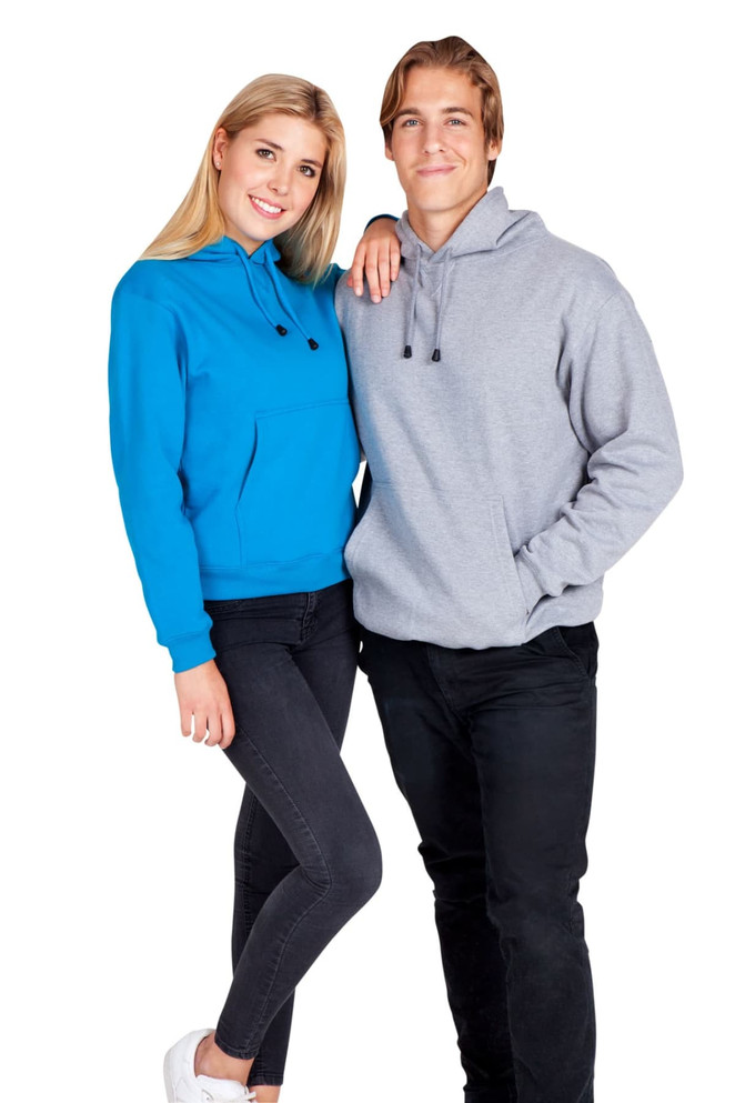 A blue women's hoodie with a kangaroo pocket and a grey men's hoodie, both featuring drawstring hoods.