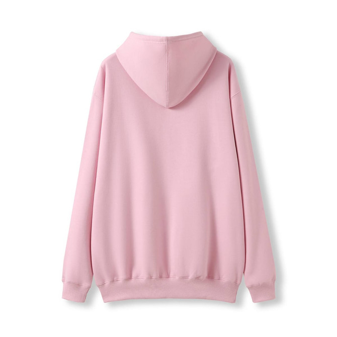 A pink hoodie with a kangaroo pocket and a hood, featuring a plain back design.
