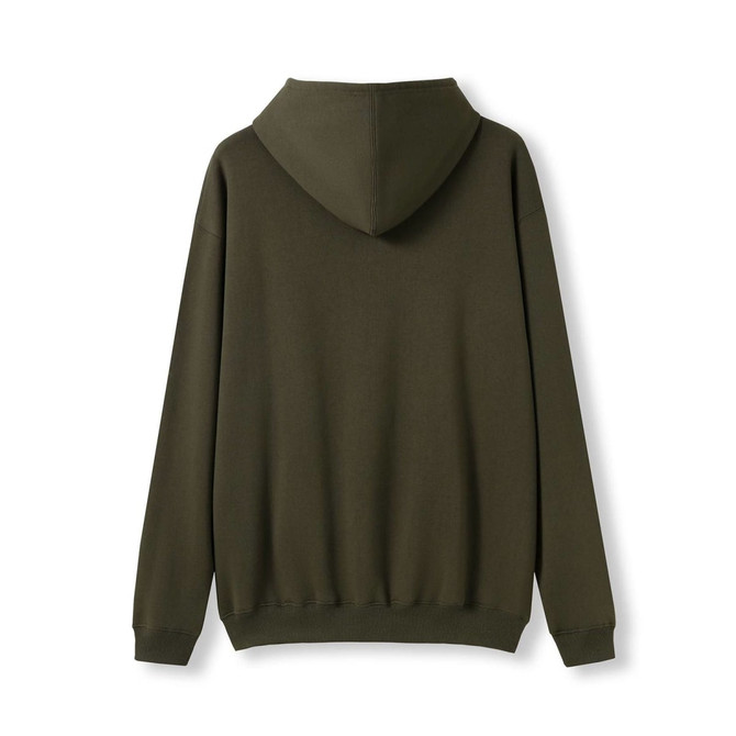 An olive green men's kangaroo pocket hoodie with a fitted design and a hood at the back.