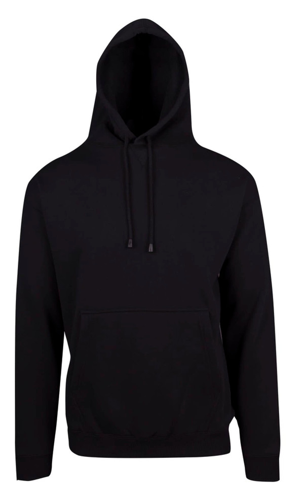 A black kangaroo pocket hoodie featuring a hood and drawstrings, suitable for casual wear. It has a logo on the front.