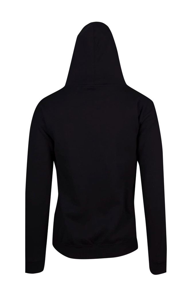 A black men's hoodie with a kangaroo pocket and a hood, seen from the back. Features a branding logo.