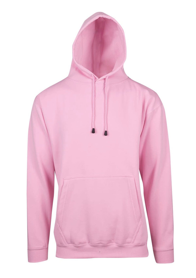 A pink hoodie with a kangaroo pocket and a hood. The design includes a logo on the front.