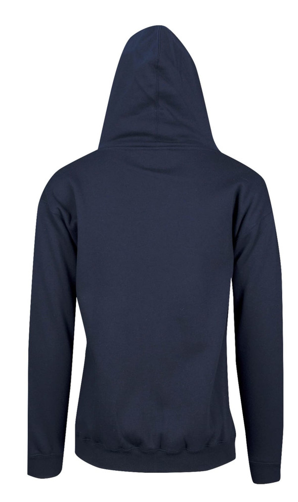 A navy blue hoodie featuring a kangaroo pocket and a hood, with a plain back view.