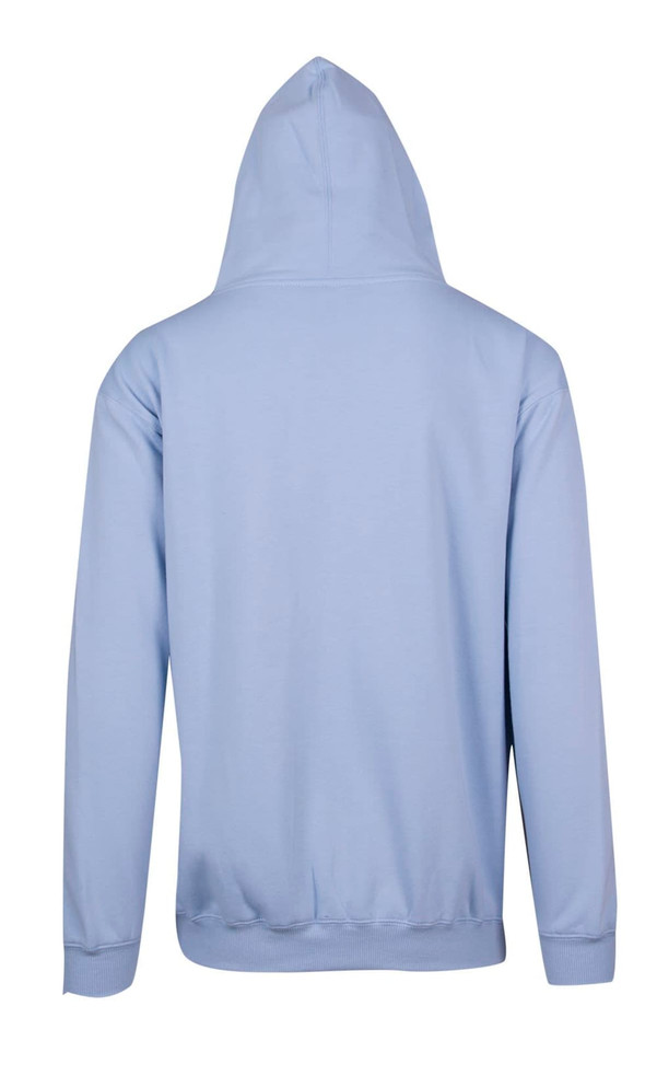 A light blue men's hoodie with a kangaroo pocket, featuring a hood and ribbed cuffs.