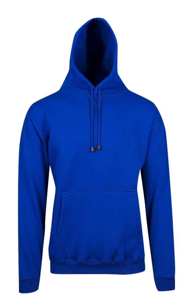 A blue kangaroo pocket hoodie with a drawstring hood and a front pouch pocket. It features a logo on the front.