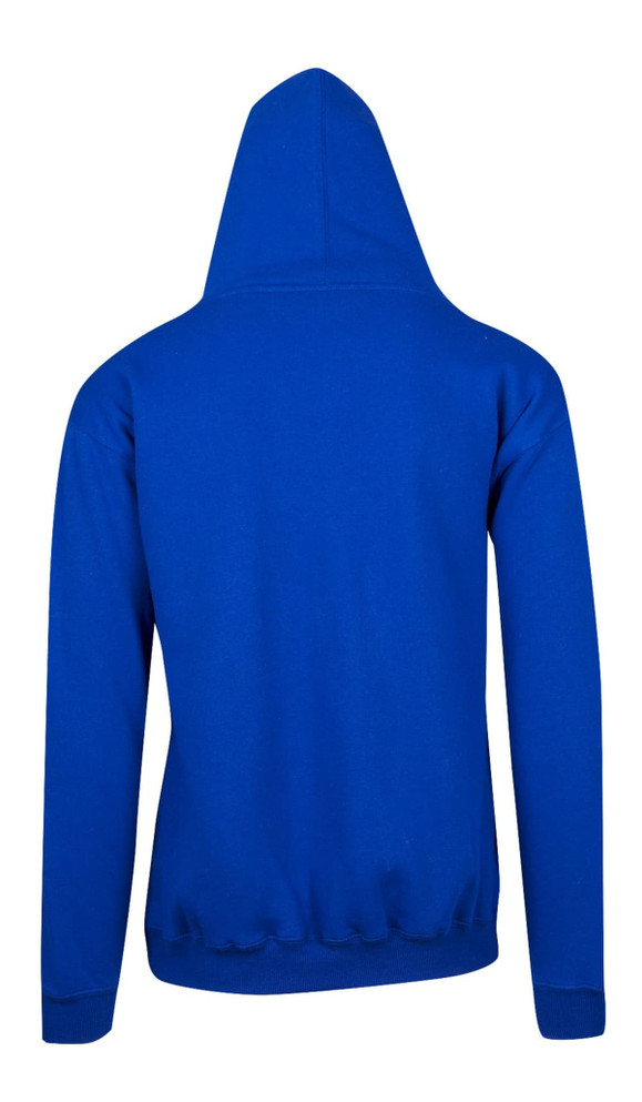 A blue men's hoodie featuring a kangaroo pocket and a hood at the back. It has a simple, clean design.