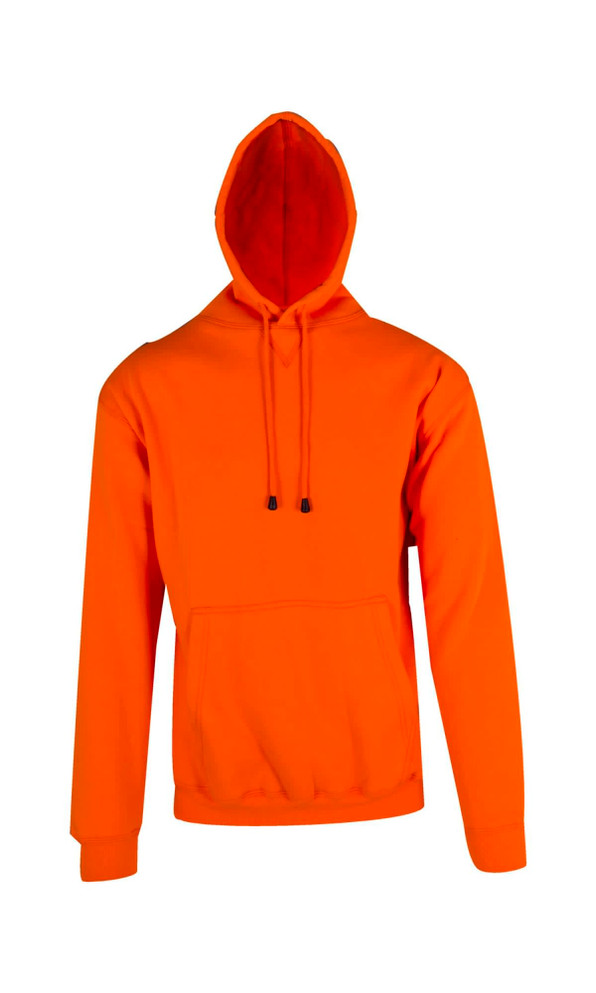 An orange hoodie with a kangaroo pocket and a drawstring hood, featuring a logo.