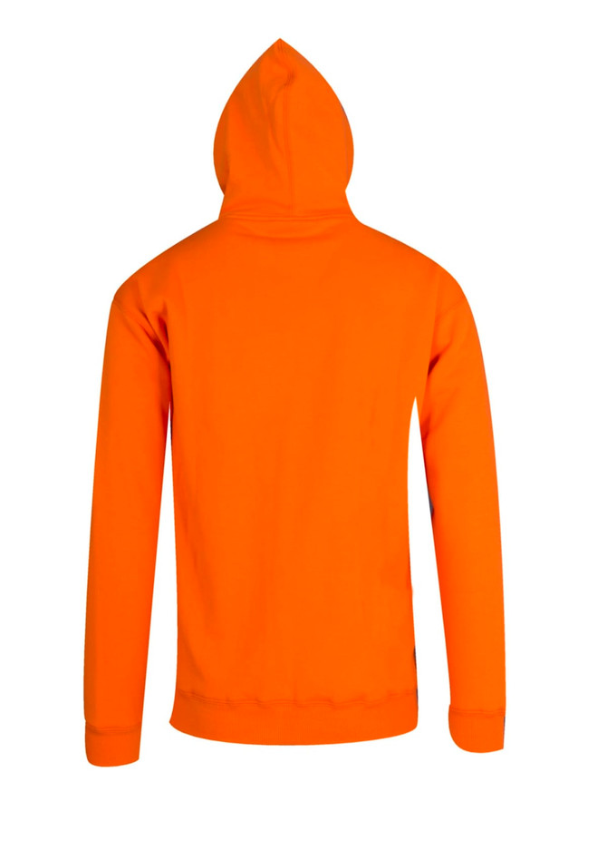 An orange men's hoodie with a kangaroo pocket and a hood, featuring a logo on the back.