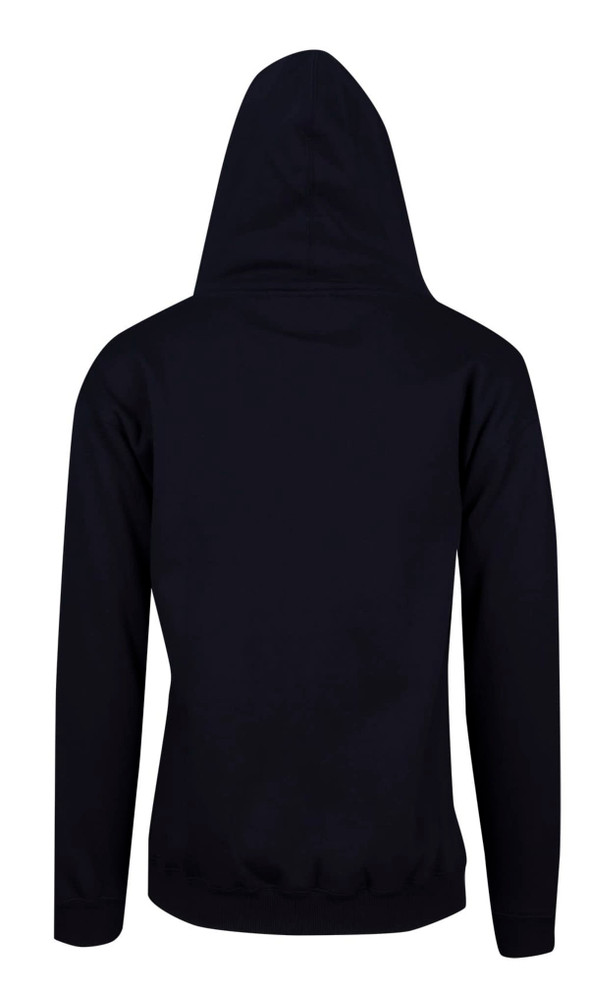 A black men's hoodie featuring a kangaroo pocket and a hood, presented from the back.